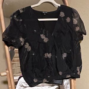 Black and Floral Faux Wrap Blouse